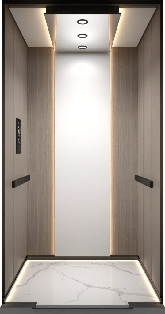Trần cabin: Tấm inox gương, tấm deco laminate trắng mờ và đèn led trang trí. Vách cabin (ngoại nhập): Vách sau được làm bằng tấm thép deco laminate vân gỗ sồi màu sáng xen kẻ tấm thép deco laminate màu trắng mờ kết hợp dãy đèn led trang trí. 2 vách hông bằng tấm thép deco laminate gỗ sồi màu sáng. Bảng điều khiển được đặt âm vào đố cabin hoặc vách hông cabin. Tay vịn: Hợp kim nhôm màu đen. Sàn cabin: Màu trắng vân mây.